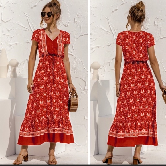 Red Floral Tie Waist Midi Dress (Calf Length) - Picture 2 of 2